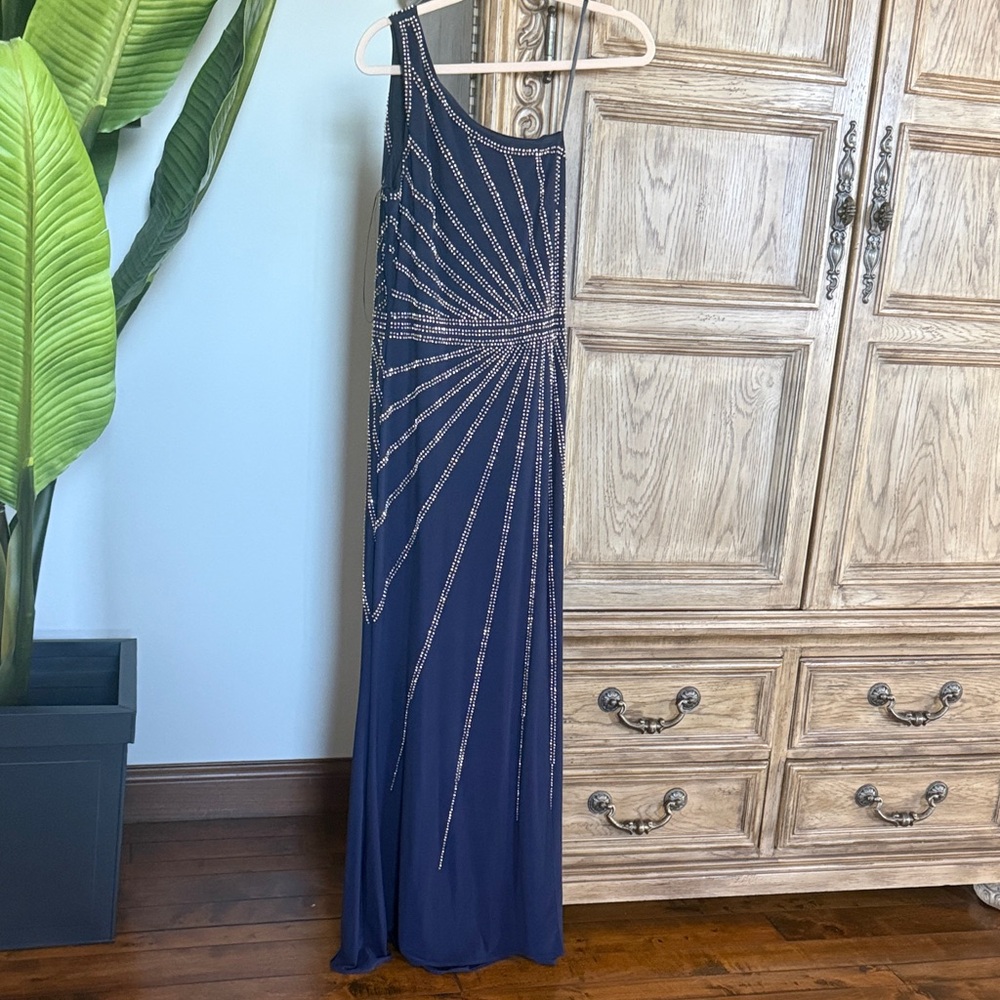 Elegant Navy One-Shoulder Beaded Maxi Dress